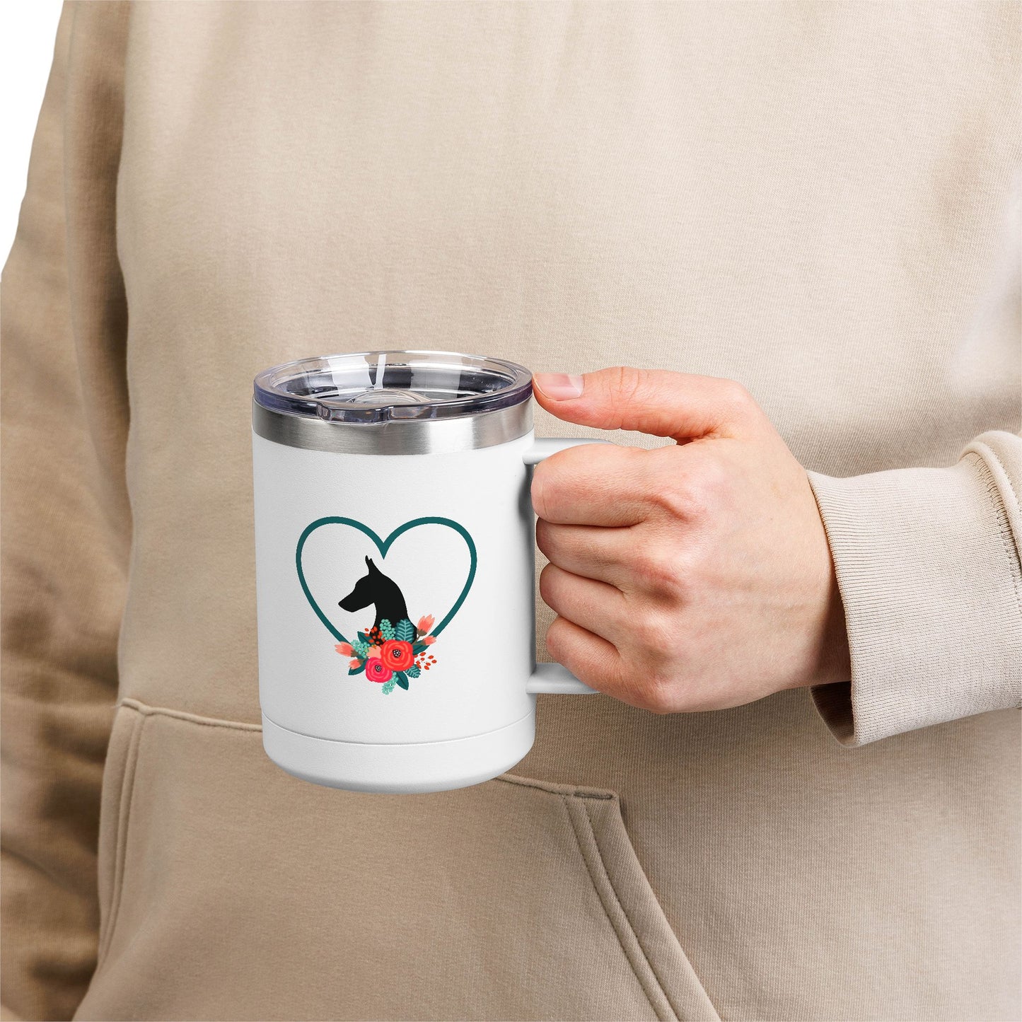 Mug Tumbler - Doberman Silhouette with Heart and Flowers Design