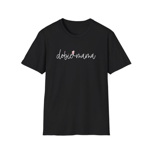 Tiny Pink Heart Dobie Mama T-Shirt | Minimal Chest Logo, White Tee