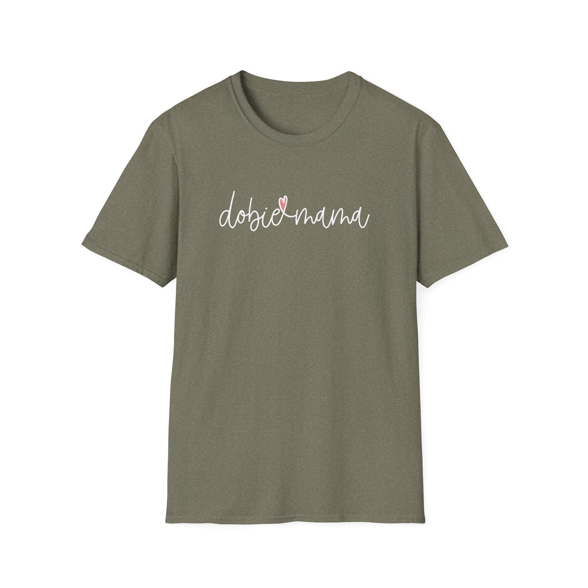Tiny Pink Heart Dobie Mama T-Shirt | Minimal Chest Logo, White Tee