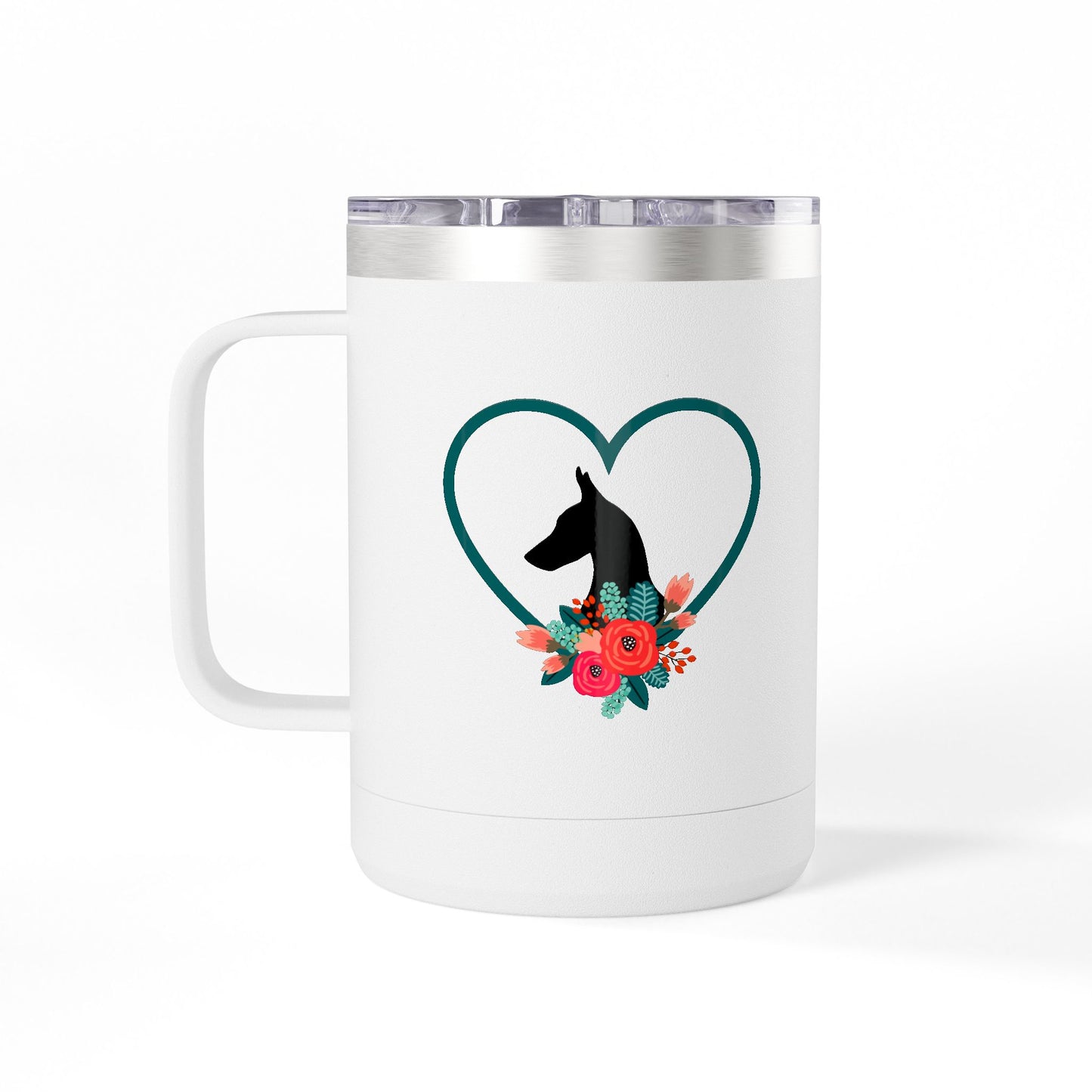 Mug Tumbler - Doberman Silhouette with Heart and Flowers Design