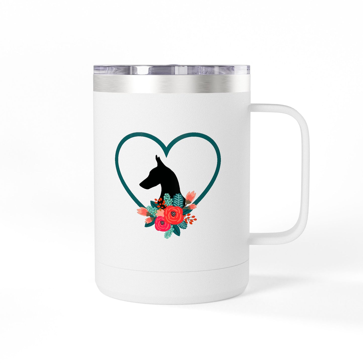 Mug Tumbler - Doberman Silhouette with Heart and Flowers Design