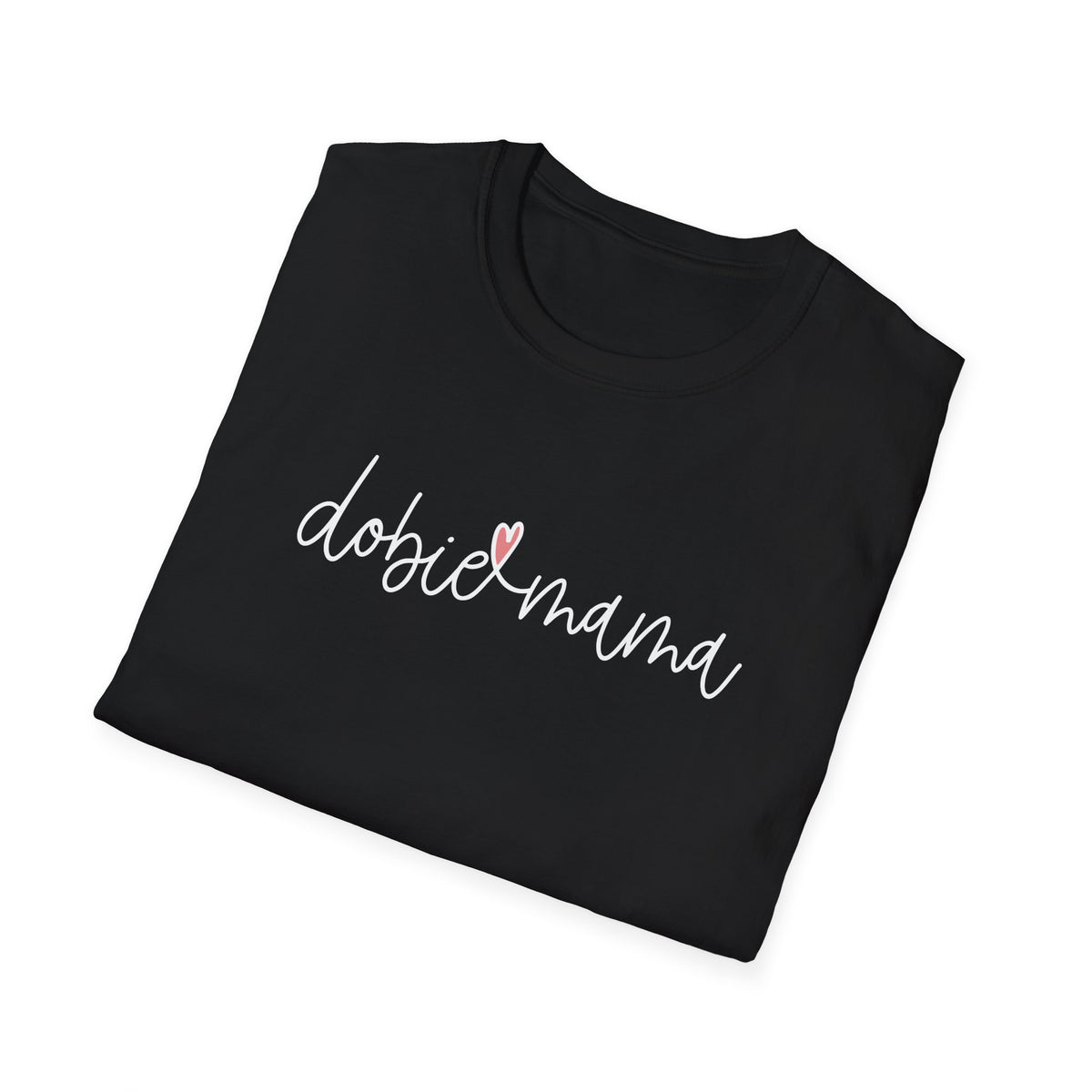 Tiny Pink Heart Dobie Mama T-Shirt | Minimal Chest Logo, White Tee