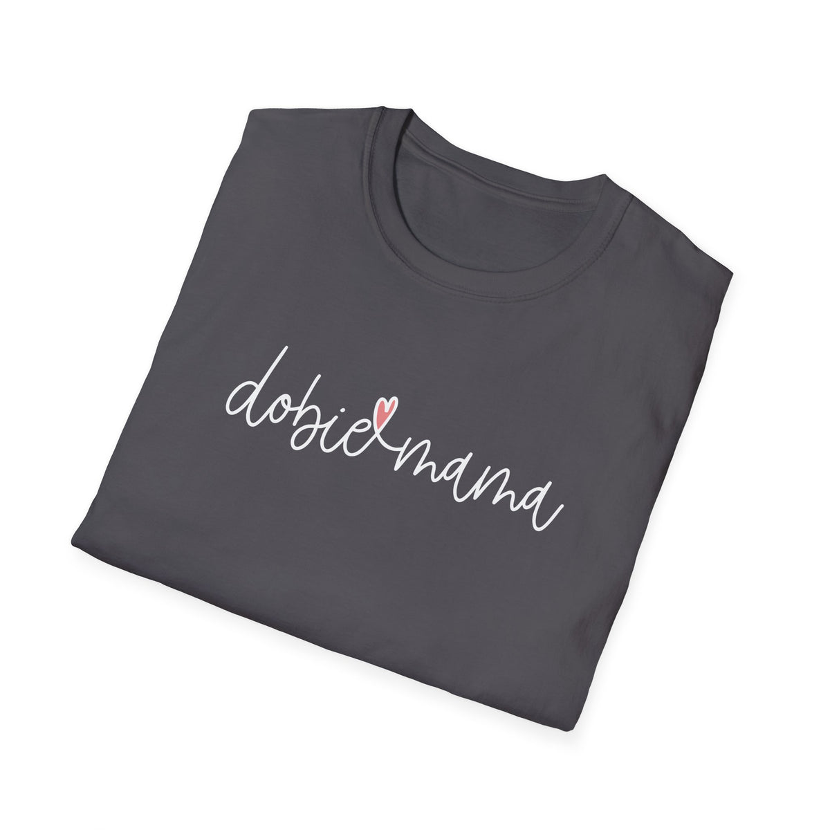 Tiny Pink Heart Dobie Mama T-Shirt | Minimal Chest Logo, White Tee