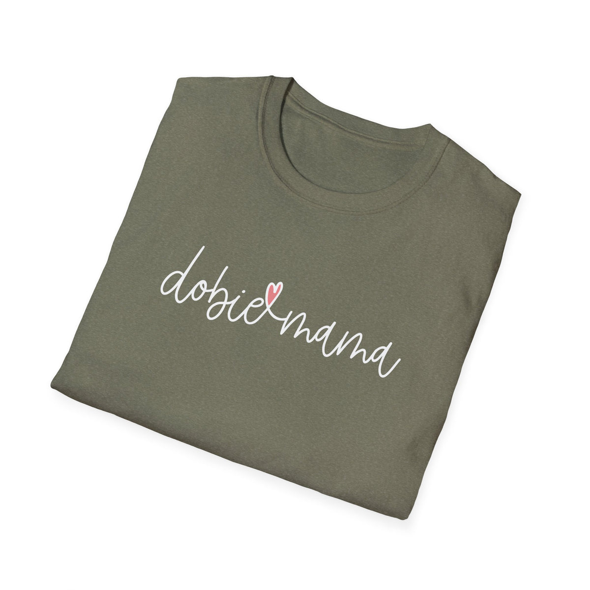 Tiny Pink Heart Dobie Mama T-Shirt | Minimal Chest Logo, White Tee